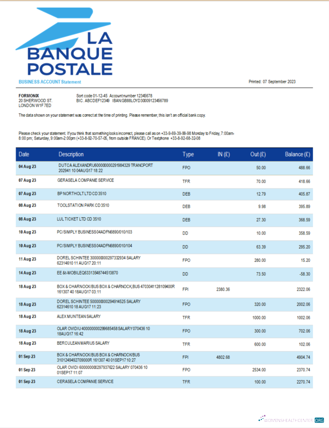 Download La Banque Postale firm bank statement Word and PDF template Photoshop template